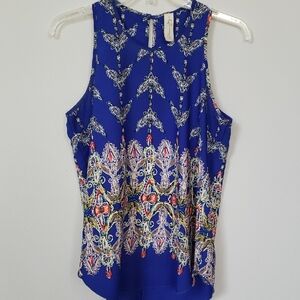 Allison Joy Top Womens M Cobalt Blue Patterned Sleeveless Blouse Office Siren